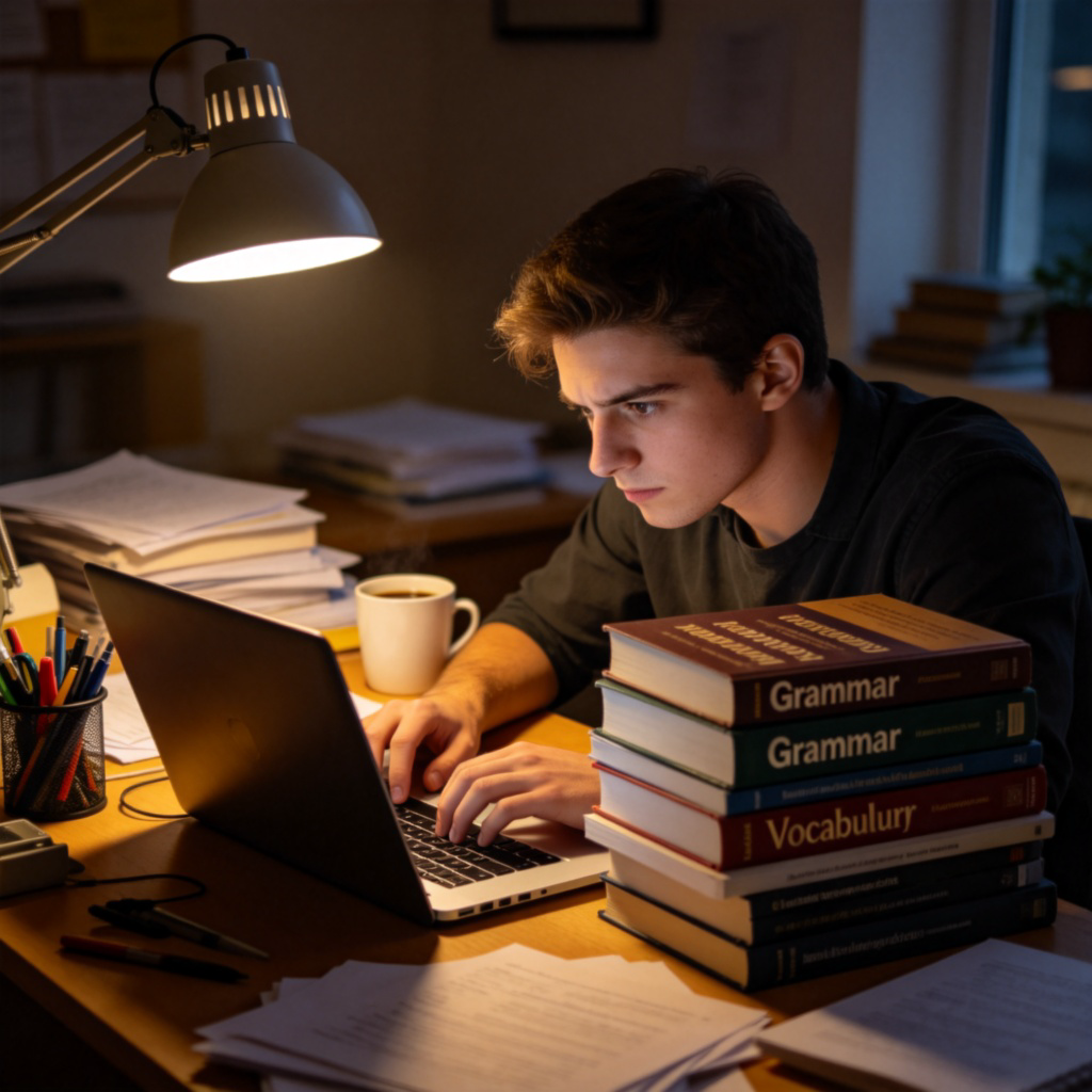 A determined person sitting at a cluttered desk late at night, working intently on a laptop. A large stack of books titled 'Grammar' and 'Vocabulary' is beside them. They have a focused expression, with a cup of coffee nearby. Warm desk lamp lighting creates a sense of perseverance. No text.
