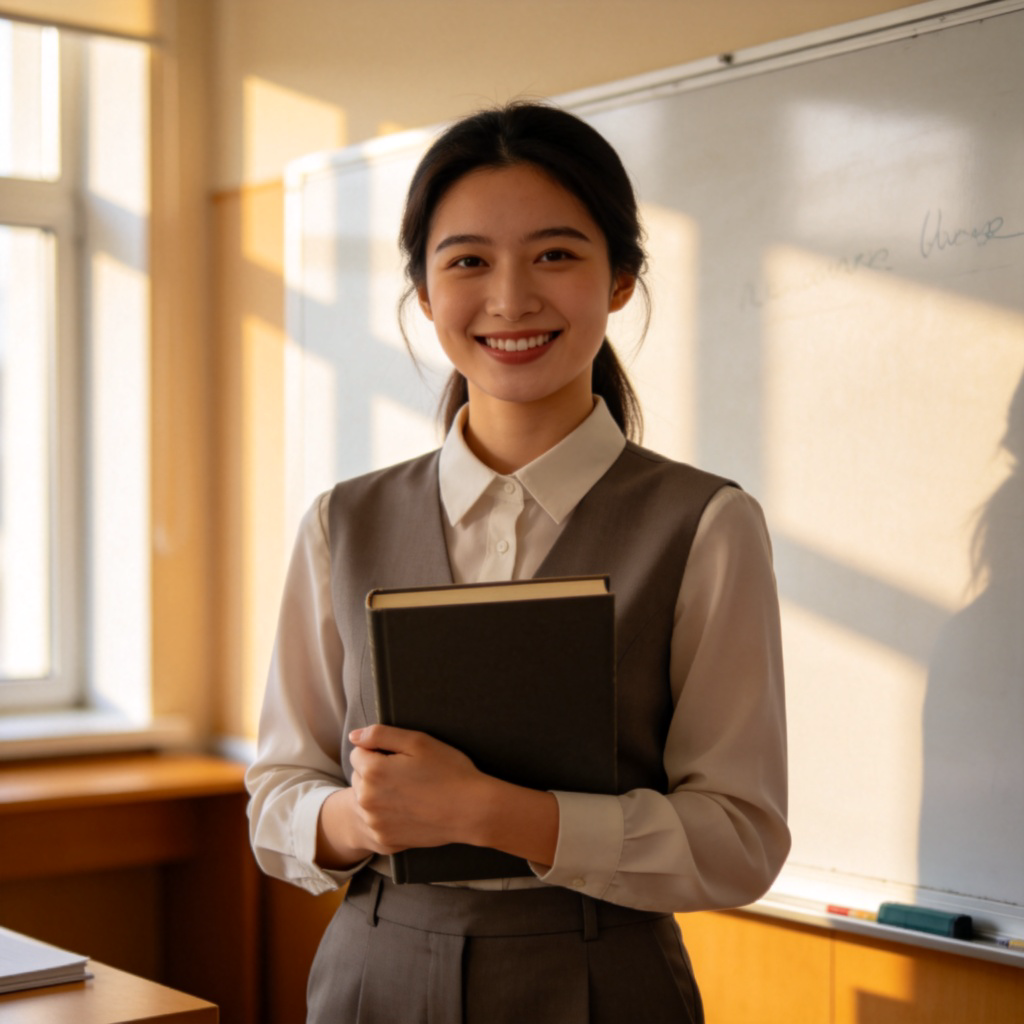A person wearing a teacher's outfit, standing in a classroom with a whiteboard behind them, smiling and holding a book. Natural lighting from a window, realistic style, focus on the person's role as an educator. No text or logos in the image.
