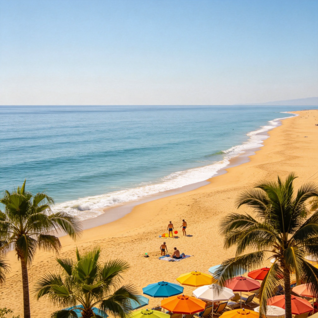 A wide shot of a sunny coastline with golden sand stretching to meet calm blue ocean waves. Palm trees and colorful umbrellas dot the foreground. In the middle distance, a few people are playing or sunbathing. The sky is clear and bright. No text or logos.