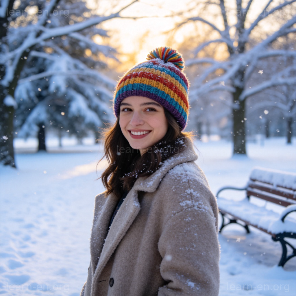 Beanie 无檐帽图解：雪地公园中佩戴彩色针织帽的人物