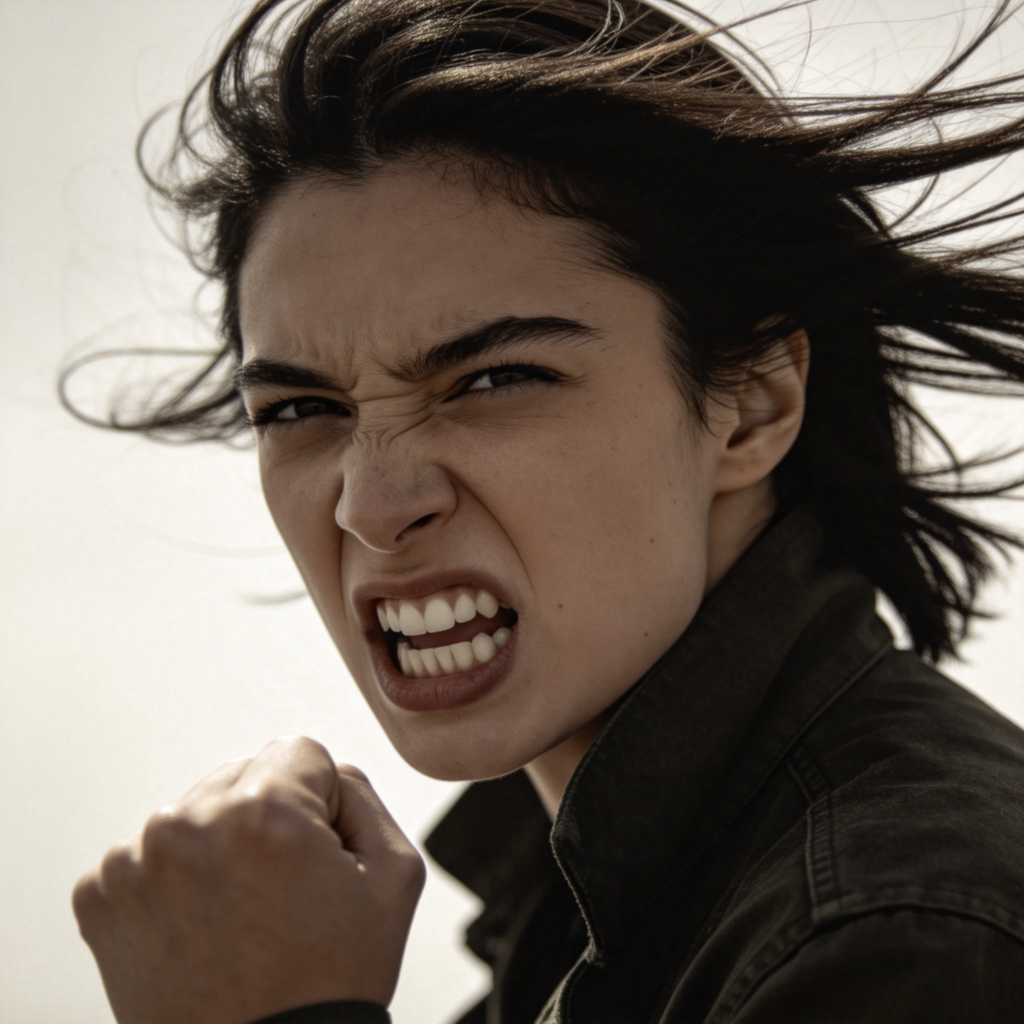 A person with a determined expression, clenching their fist and gritting their teeth, standing firm against a strong wind. Simple background, focus on the face showing strain and resilience. No text.