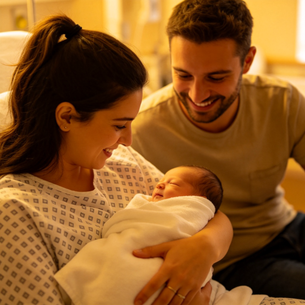 A warm hospital room scene, a mother gently holding her newborn baby, with a father smiling beside them. Soft, warm lighting, focus on the family connection. No text.