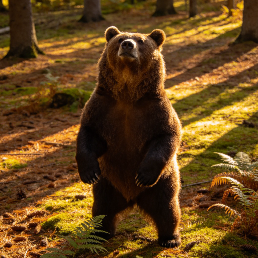 A large, furry brown bear standing on its hind legs in a sunlit forest clearing, looking curious and powerful. Natural environment, clear details of the bear's fur and features. No text.