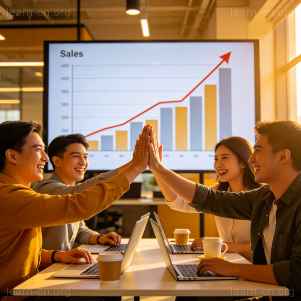 beat a record 场景：团队击掌庆祝销售额图表突破历史峰值