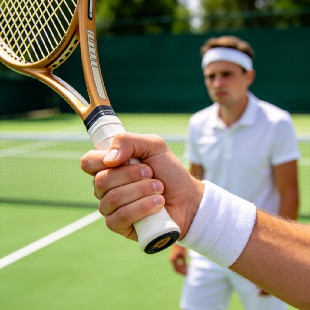 A close-up of a tennis player's hand firmly gripping a tennis racket after a winning shot, with the defeated opponent blurred in the background looking disappointed. The scene is on a green tennis court under bright sunlight. The focus is on the winner's determined expression and the racket. No text or logos.