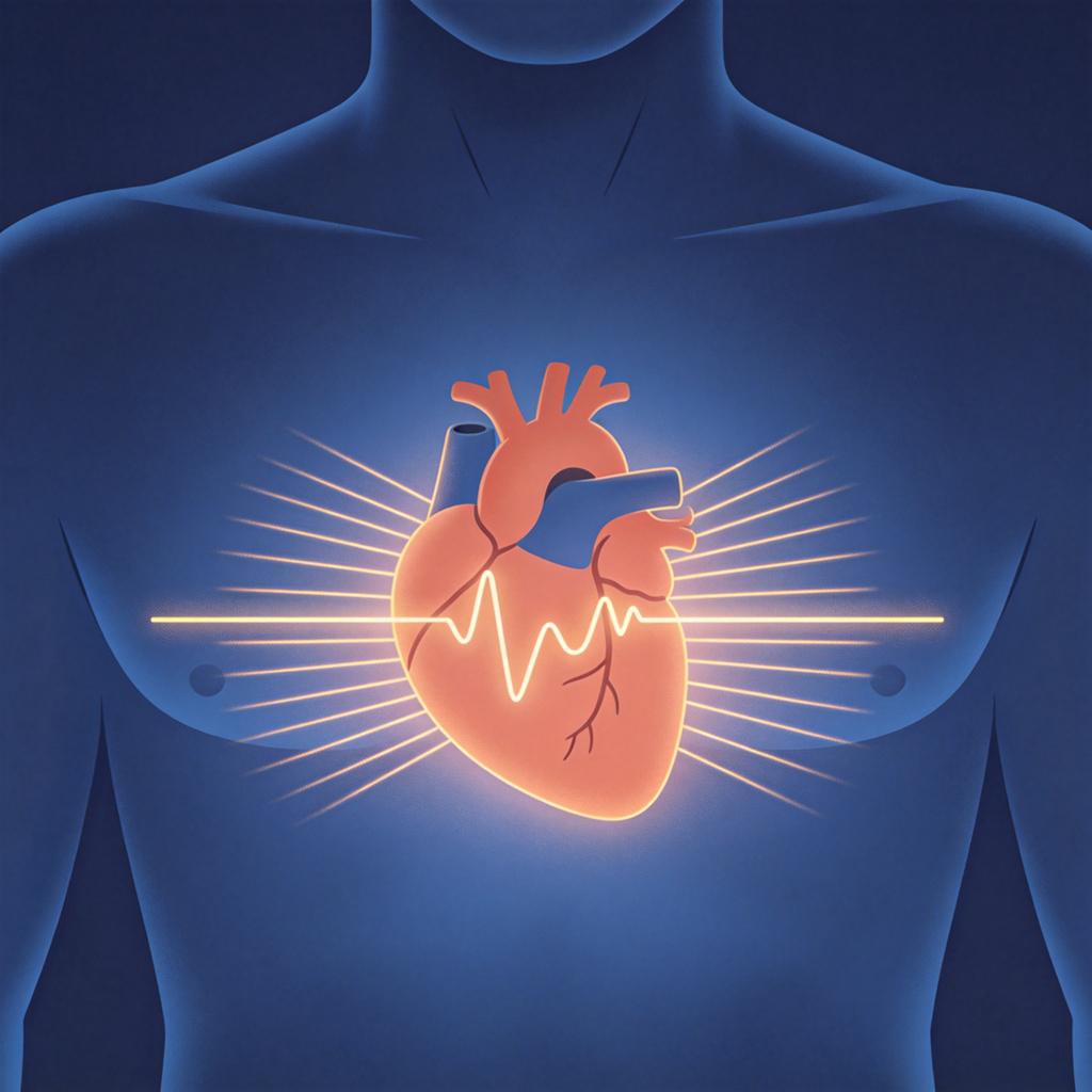 A close-up, diagram-style illustration of a human heart in a chest, with glowing lines pulsing outwards from it to show it is beating. The background is a soft, dark blue. The image is clean, scientific, and focused solely on the heart's rhythmic movement. No text or numbers.