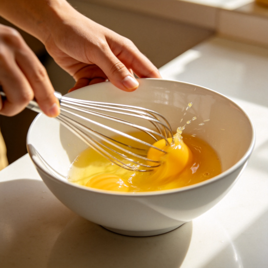 A person's hands using a metal whisk to vigorously beat yellow eggs in a white ceramic bowl. Splashes of egg are visible, showing motion. The setting is a clean kitchen counter with morning light. The focus is on the action of whisking and the mixing eggs. No text.