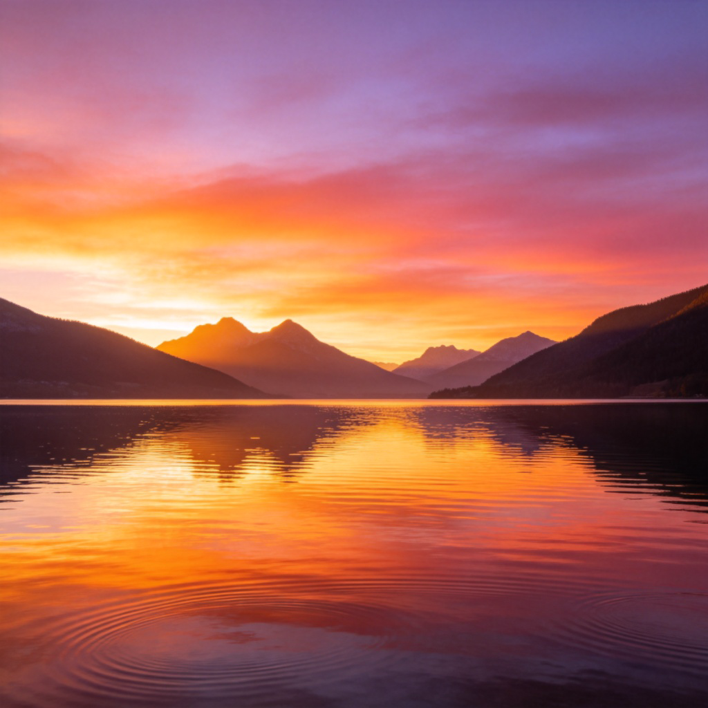 A serene landscape with a colorful sunset over a calm lake, reflecting the sky. The scene is peaceful and visually stunning, with clear details, natural lighting, and no text. Focus on the beauty of nature, like mountains and water.