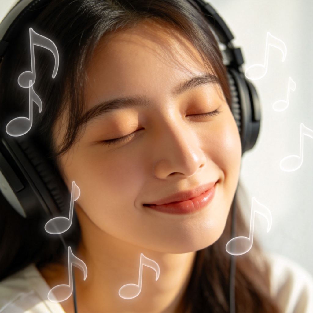 A person listening to music with headphones on, eyes closed, and a peaceful smile. Musical notes float in the air around them, symbolizing beautiful sound. Soft lighting, simple background, no text.