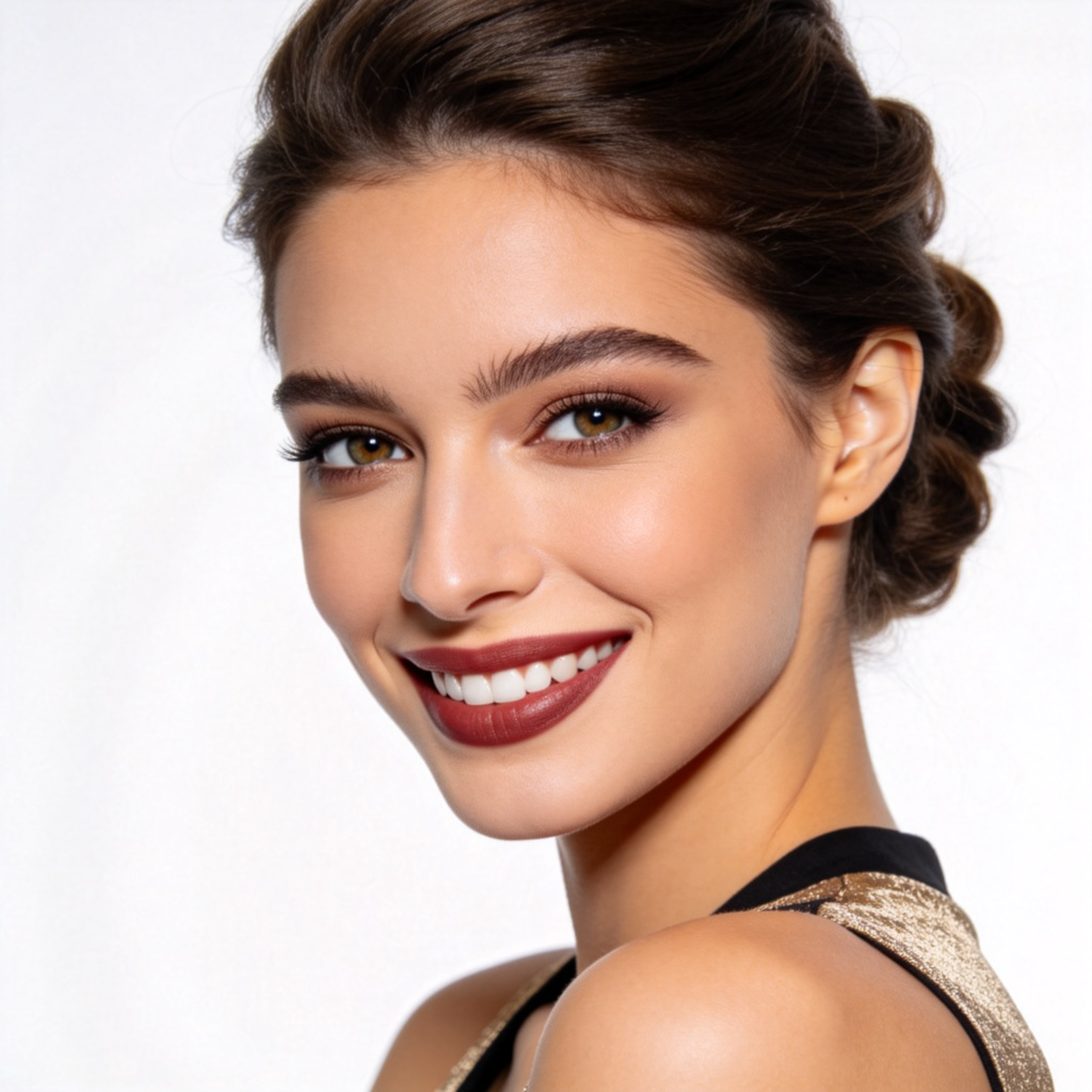 A professional fashion model posing against a plain white background, smiling with perfect makeup and styled hair. The lighting is soft and highlights her facial features and attire. Focus is entirely on her elegant and visually pleasing appearance. No text.