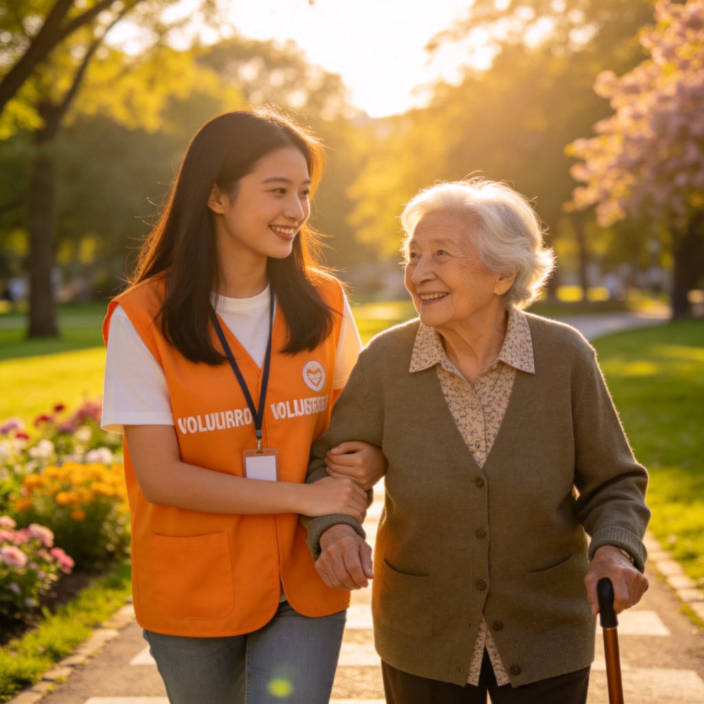 A young volunteer smiling gently as they help an elderly person cross the street in a sunny park. The focus is on the warm interaction and kind expression, with natural lighting and a friendly atmosphere. The scene conveys a sense of inner beauty and compassion. No text.