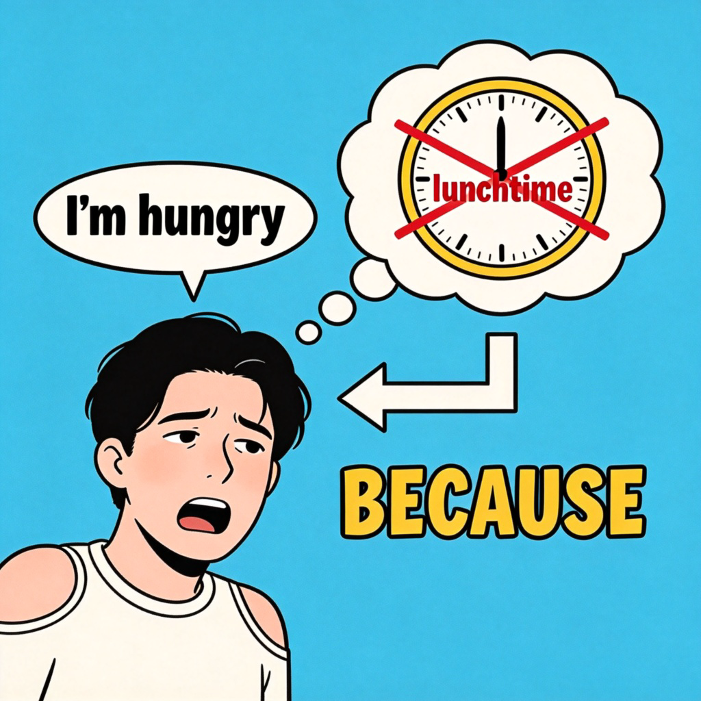 A comic-style illustration showing a cause-and-effect relationship. On the left, a person looks tired and says 'I'm hungry'. An arrow points to the right side, where a thought bubble shows a clock with 'lunchtime' crossed out. Below the arrow, the word 'BECAUSE' is written in bold, friendly letters. Simple, clean background. No text other than the word 'BECAUSE'.