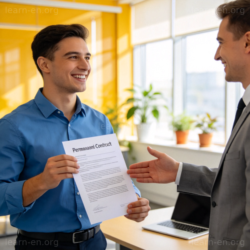 Worker receiving permanent contract from manager in office