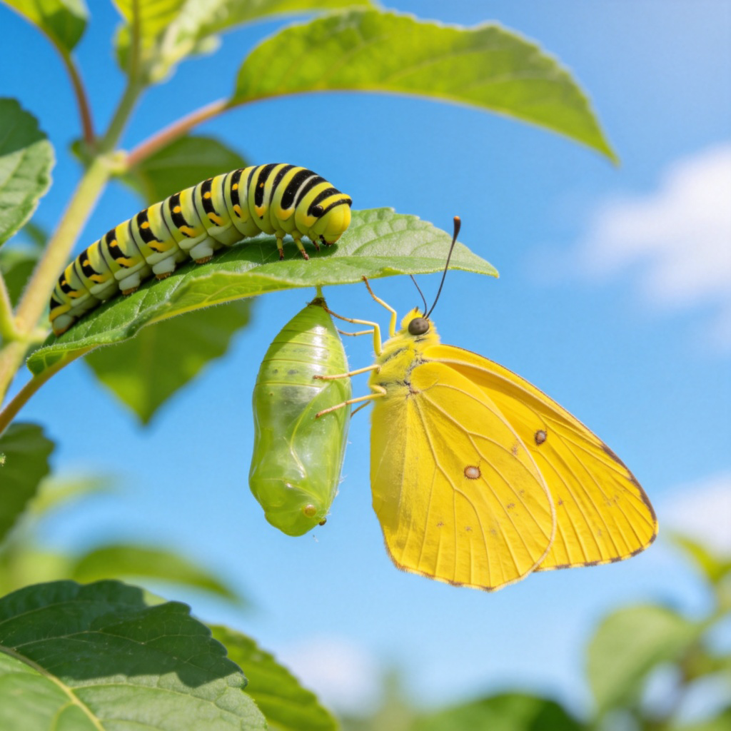A time-lapse animation sequence showing a caterpillar on a leaf, then inside a chrysalis, and finally emerging as a bright yellow butterfly. The transition between stages should be smooth and clear, showing the process of change. Natural setting, green leaves, blue sky in the background.