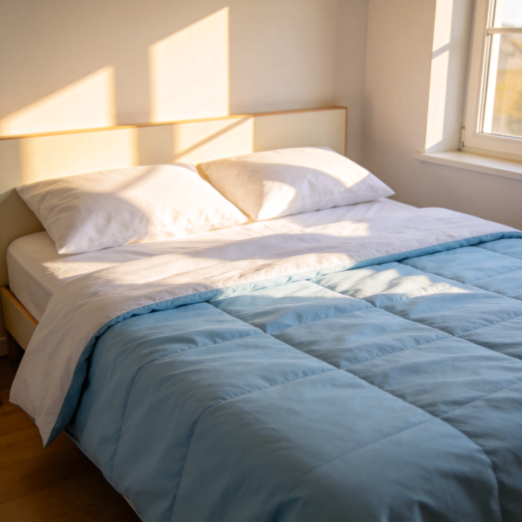 A neatly made double bed with a light blue duvet and two white pillows against a simple headboard in a bright, tidy bedroom. Morning sunlight streams through a window. The bed is the clear focal point, with no clutter or people in the frame. Photorealistic style, warm and inviting lighting.