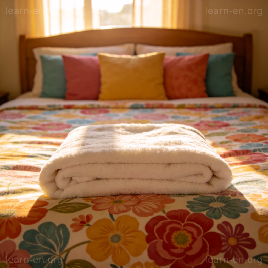 Bedding meaning: neatly made bed with sheets and duvet