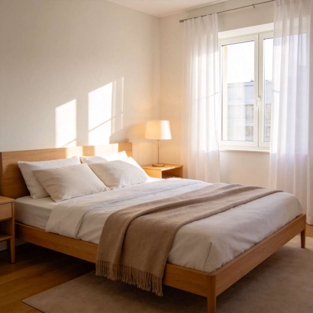 A bright and tidy modern bedroom with a neatly made double bed in the center, featuring pillows and a blanket. A simple wooden bedside table with a reading lamp stands beside it. The walls are painted a light color, and sunlight streams through a window with white curtains. The overall feeling is calm, comfortable, and peaceful.