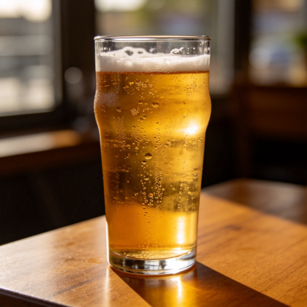 Beer 啤酒图解：木桌上两杯冰镇金色啤酒，玻璃杯外凝结水珠