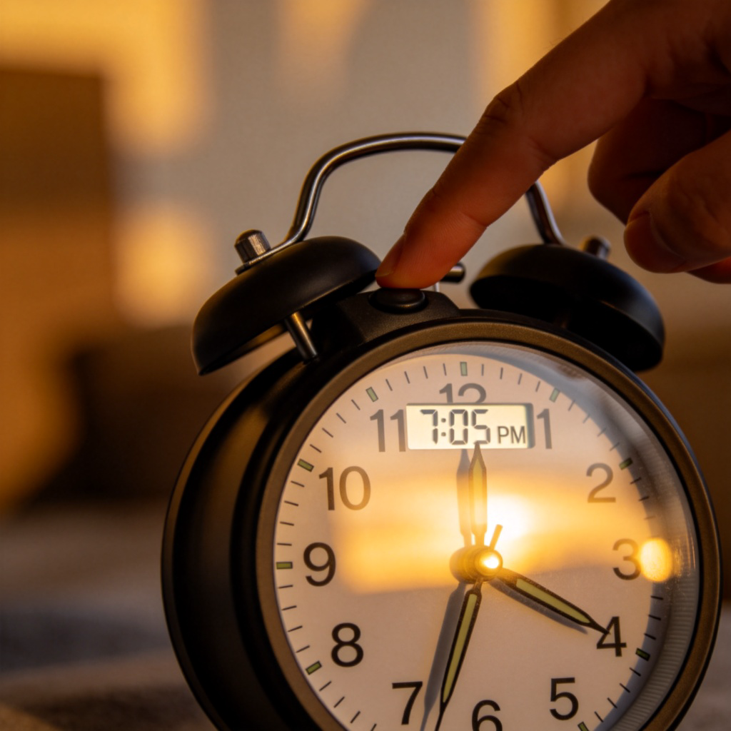 A close-up of a person's hand setting an alarm clock to 7:00 AM. The scene shows it's currently 6:55 PM (evening) on the clock face. Soft indoor lighting, focus on the clock hands and the person's finger. The feeling is of preparing for something that will happen later. No text or logos.
