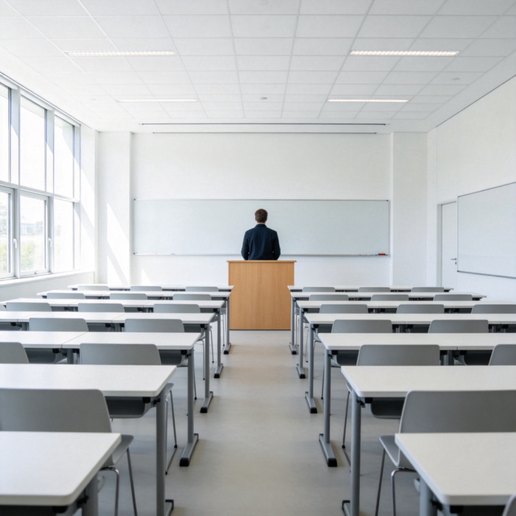 A teacher standing at a lectern in a bright, modern classroom, facing rows of empty student desks. The teacher is the central figure, with the desks clearly positioned in front of him/her. Daylight from windows. The perspective is from the back of the classroom, emphasizing the space 'before' the teacher. No text.
