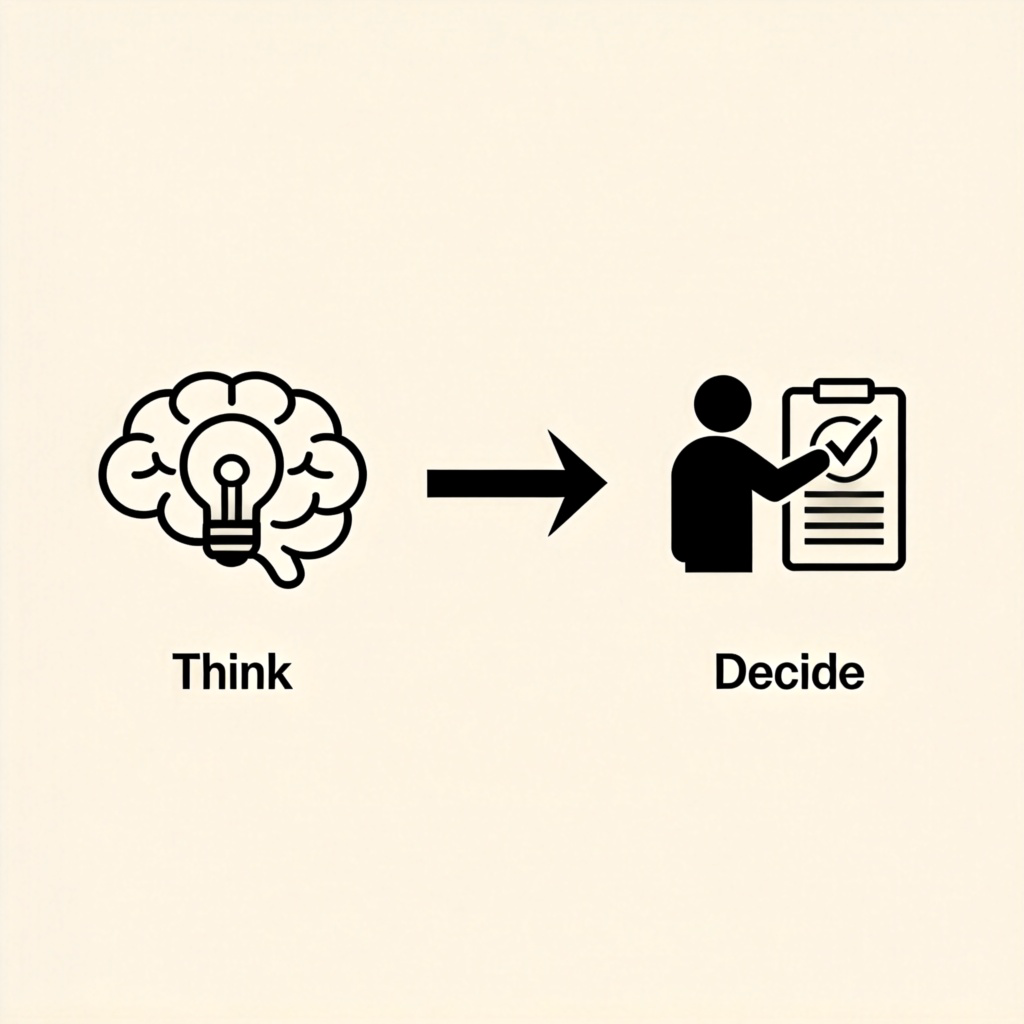 A simple, clear infographic style image. On the left side, a stylized icon of a brain with a lightbulb or question mark inside, labeled "Think". A large arrow points from left to right. On the right side, an icon of a person placing a checkmark on a document, labeled "Decide". The arrow visually represents 'before' connecting the two actions. Solid color background. No photographs or realistic details.