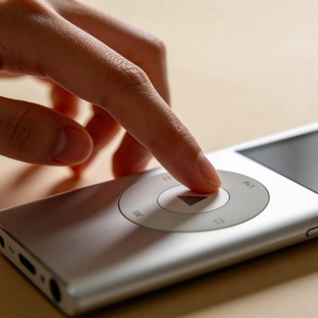A close-up view of a person's hand pressing the 'play' button on a music player or remote control, indicating the start of something. Simple background, soft lighting, focus on the action. No text or logos visible.