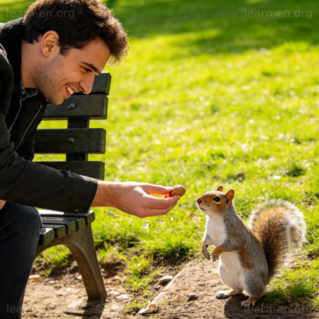 Person feeding squirrel on park bench showing natural behavior