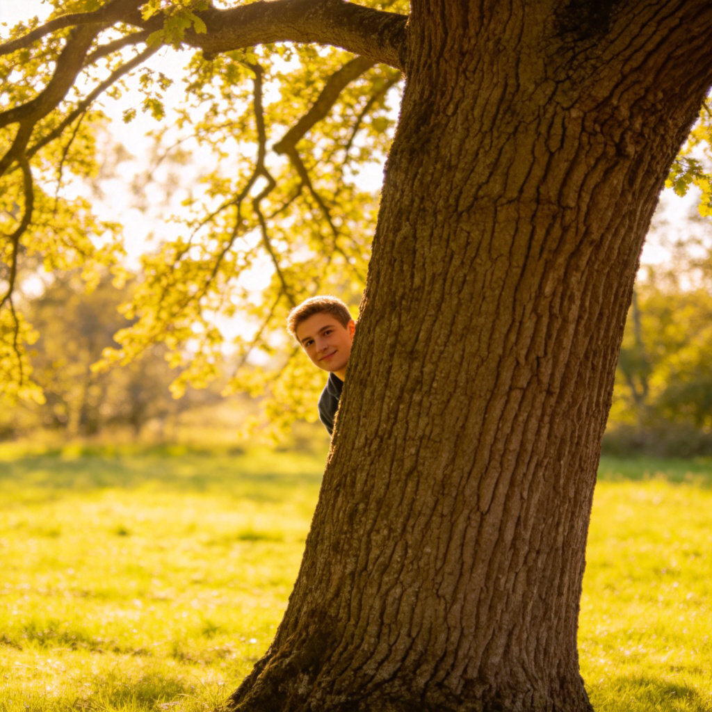 A person peeking out from behind a large tree trunk in a sunny park. The person's face and upper body are partially visible, clearly positioned at the back of the tree. The tree is the main focus, with a simple green grass background. Sharp focus, bright daylight. No text.