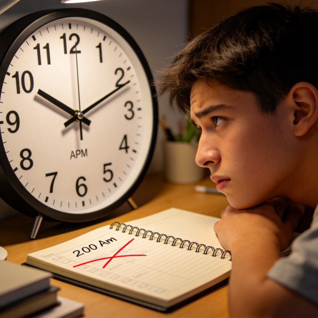 A close-up of a frustrated student sitting at a desk, looking at a large wall clock showing 3:00 PM. A planner open on the desk has a task scheduled for 2:00 PM crossed out as incomplete. Soft indoor lighting, focus on the clock and the student's worried expression. No text.