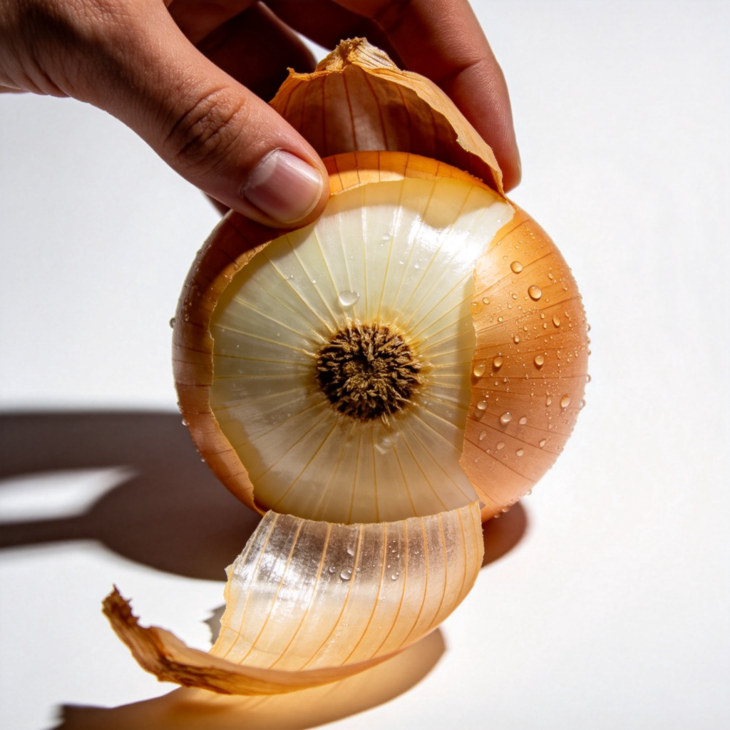 A visual metaphor: a hand is peeling back the outer layer of a large onion to reveal the core inside. The outer layer represents the obvious surface, and the core represents the hidden reason 'behind'. Clean white background, macro shot with sharp details, dramatic lighting. No text or numbers.