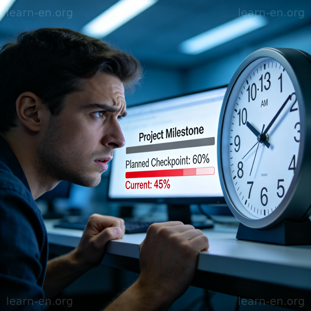 Behind Schedule 图解：焦虑的人看着时钟，屏幕进度条远落后于计划节点