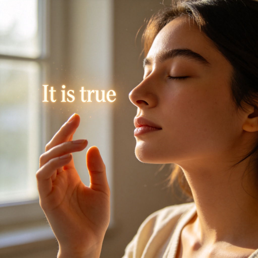 A person with closed eyes and a calm face, gently touching with fingertips the words "It is true" floating in the air in front of them. Soft, warm lighting from a window, peaceful and introspective atmosphere. The focus is on the person's expression of quiet conviction and the text. No symbols, logos, or numbers.