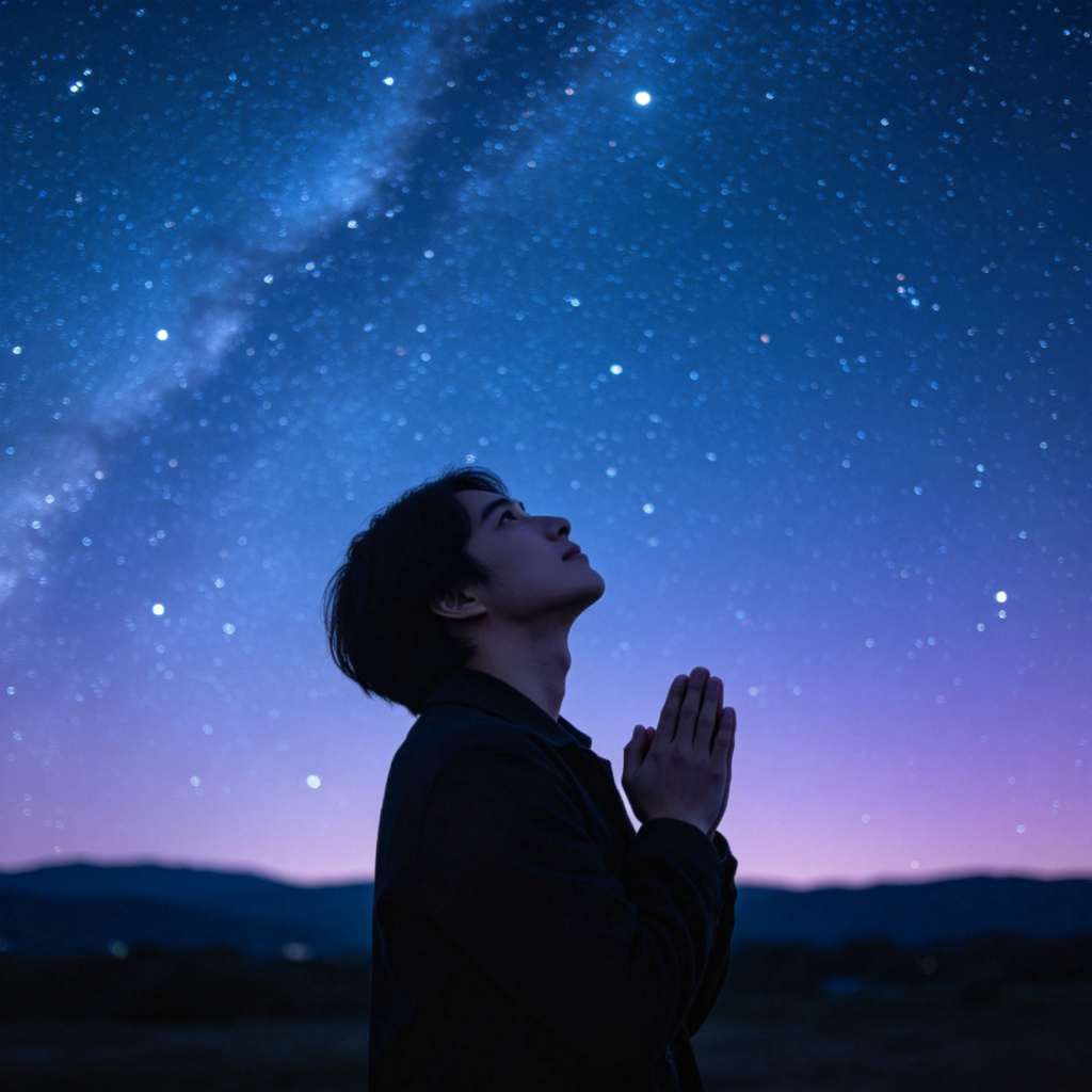 A person looking up at a night sky full of stars, making a silent wish with hands clasped together. The scene conveys a sense of hope, trust in the future, and inner strength. The focus is on the person's hopeful expression and the vast starry sky. No text or symbols.
