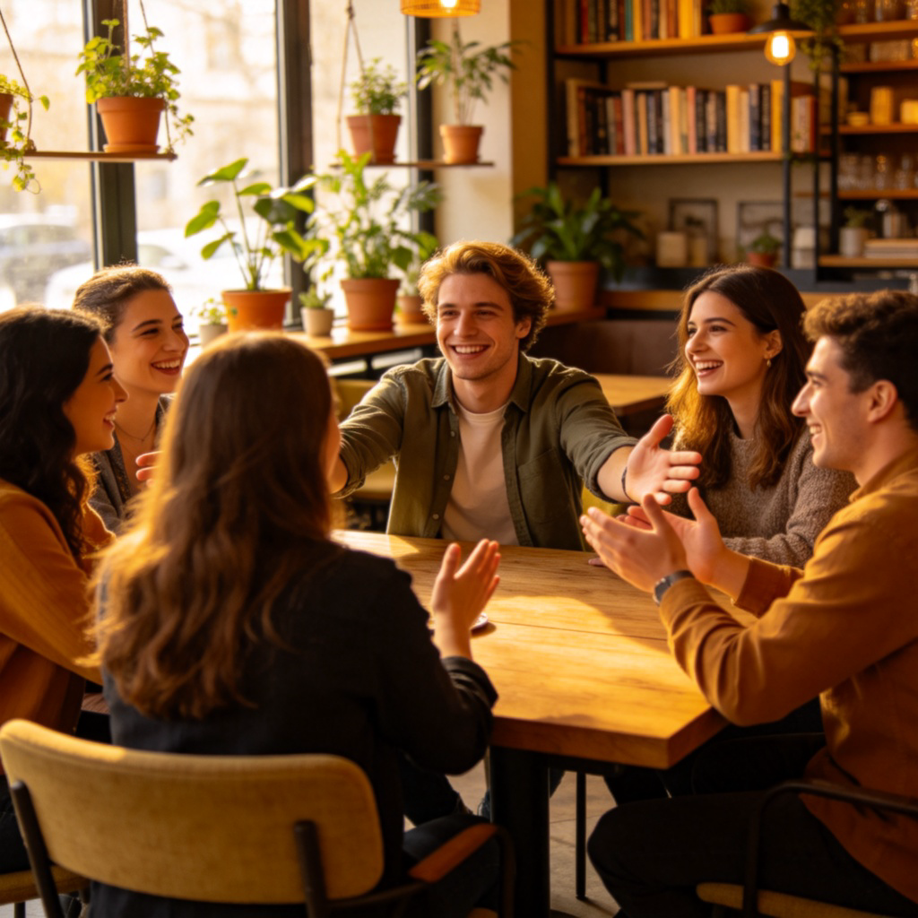 A diverse group of smiling people sitting around a table in a cozy cafe, talking and laughing together. One person in the center is being welcomed into the circle. Warm lighting, sense of friendship and inclusion. No text.