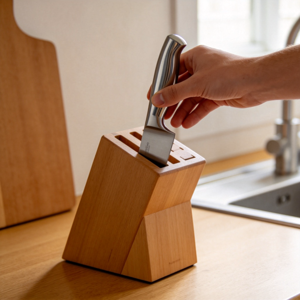 A clean kitchen counter. A person's hand is placing a shiny chef's knife into a wooden knife block with an empty slot that perfectly fits it. Sharp focus on the hand and knife, soft natural light. No text.