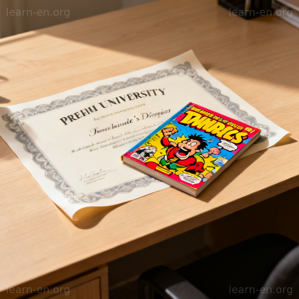 Comic book placed on top of a diploma symbolizing beneath dignity
