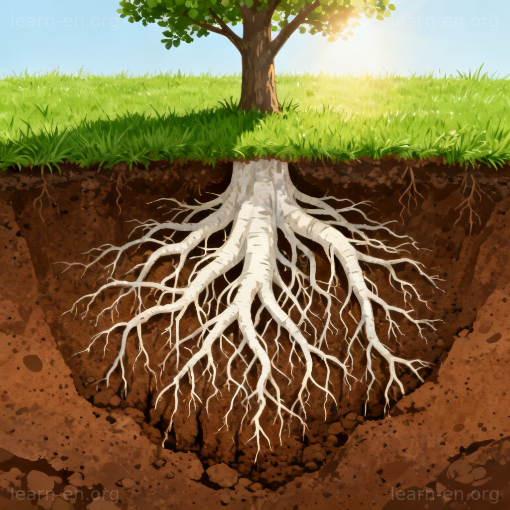 Cross-section of tree roots spreading beneath the ground surface