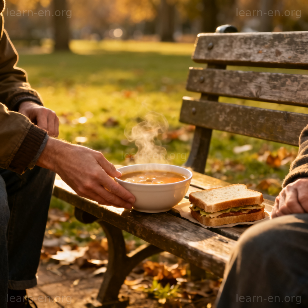 Benevolent act shown as a person giving food to someone in need in a park.