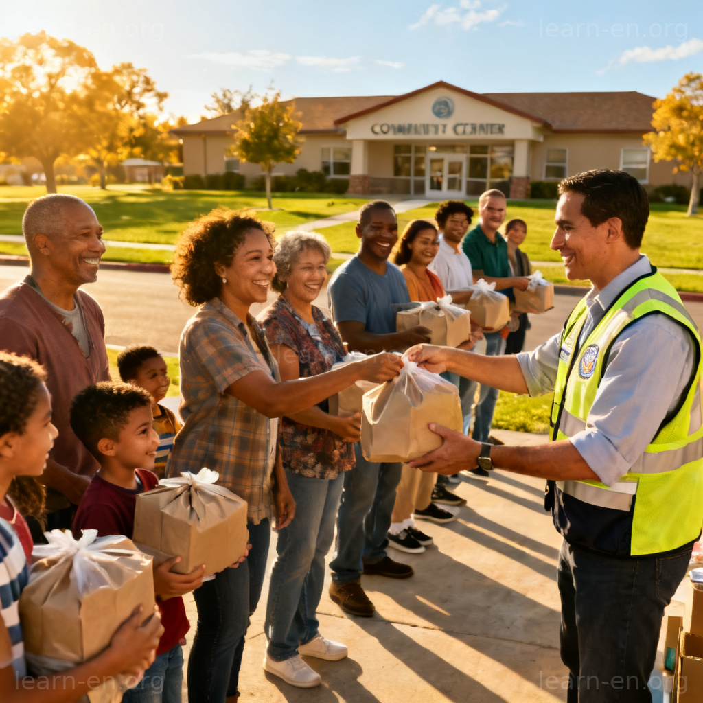 Benevolent institution depicted as a community center distributing aid to citizens.