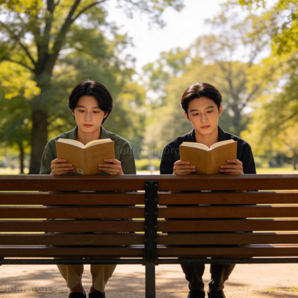 beside 介词图解：两人并排坐在公园长椅上看书