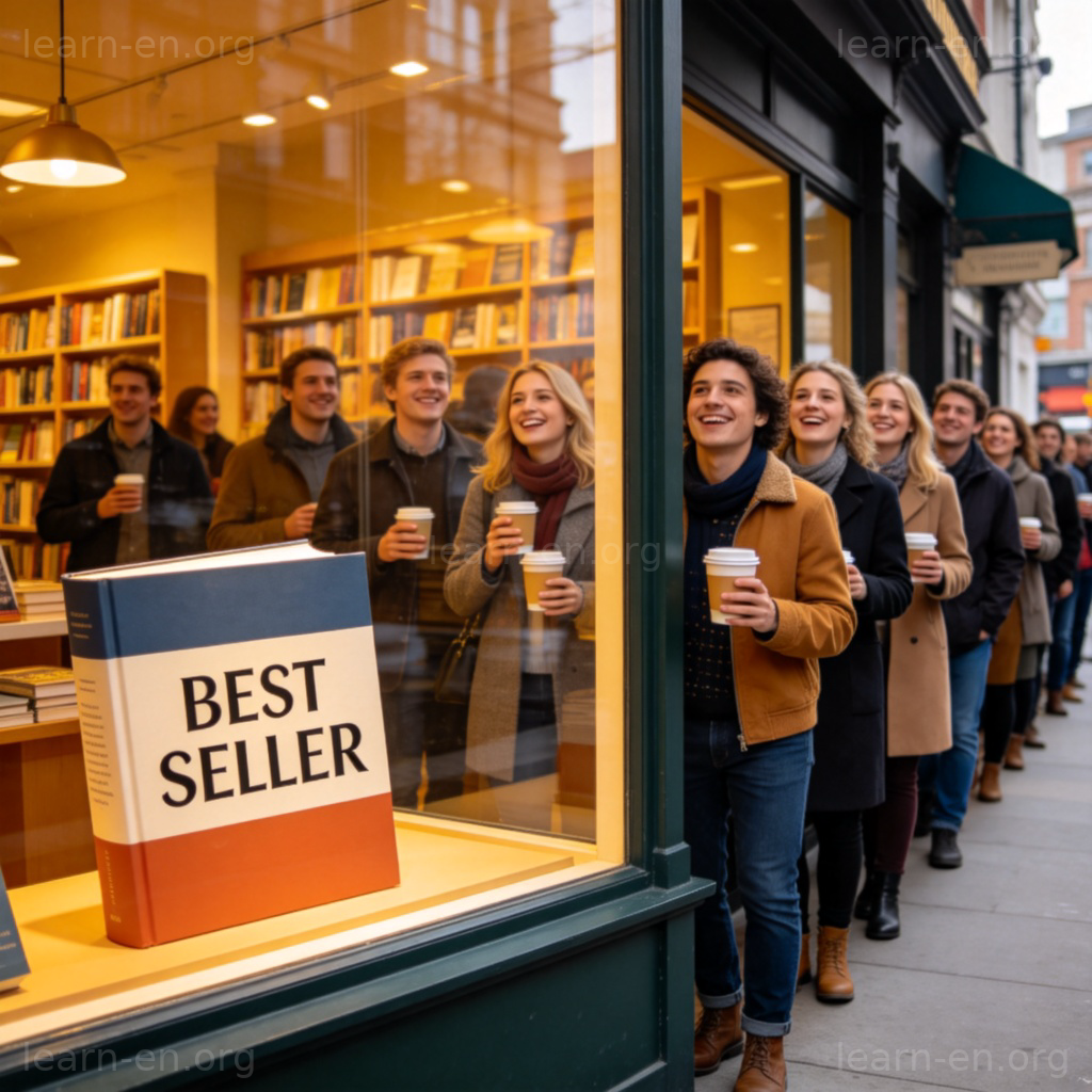 Best Seller 畅销品图解：书店橱窗展示，顾客排队购买