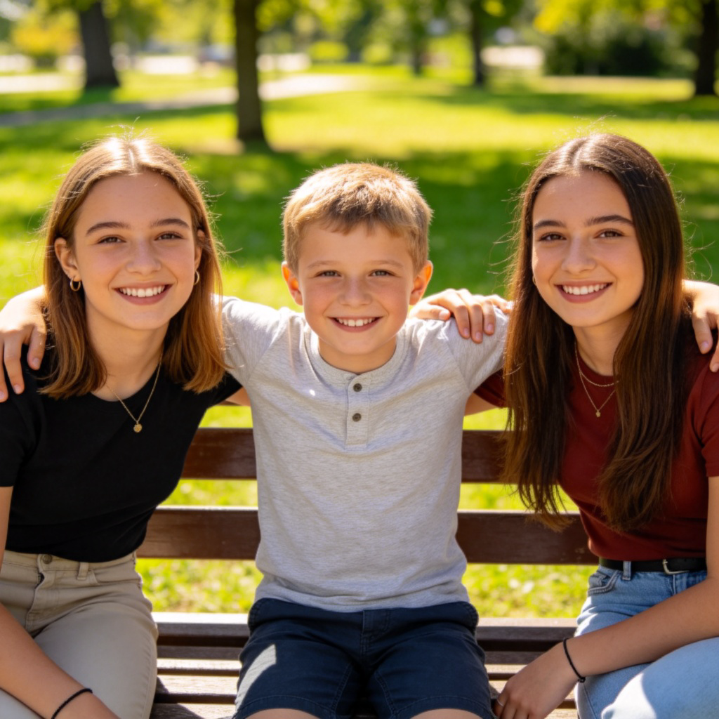 A smiling child sitting on a park bench, with one friend on the left and another friend on the right. The child is in the middle, with arms around both friends' shoulders. Bright sunny day, green park background, focus on the three people showing the clear 'between' position.