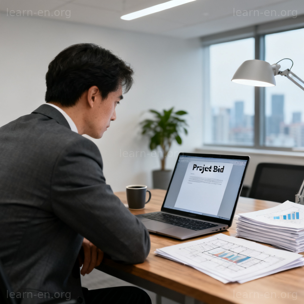 Bid definition: professional preparing a formal business project bid proposal.