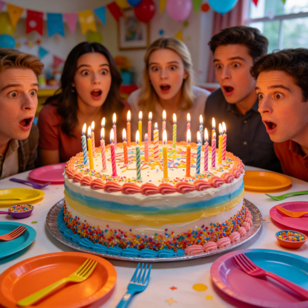 A giant, colorful birthday cake with many candles sits on a table in the center of the frame. Around it are small plates and forks, and people looking surprised at its size. The cake is the clear focus, in a well-lit room. No text.