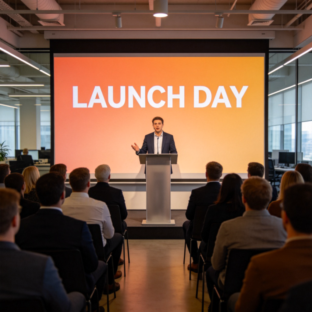 A confident person stands at a podium giving a presentation. On the large screen behind them are the words "LAUNCH DAY" in bold letters. The audience looks attentive and engaged. The focus is on the speaker and the important message.