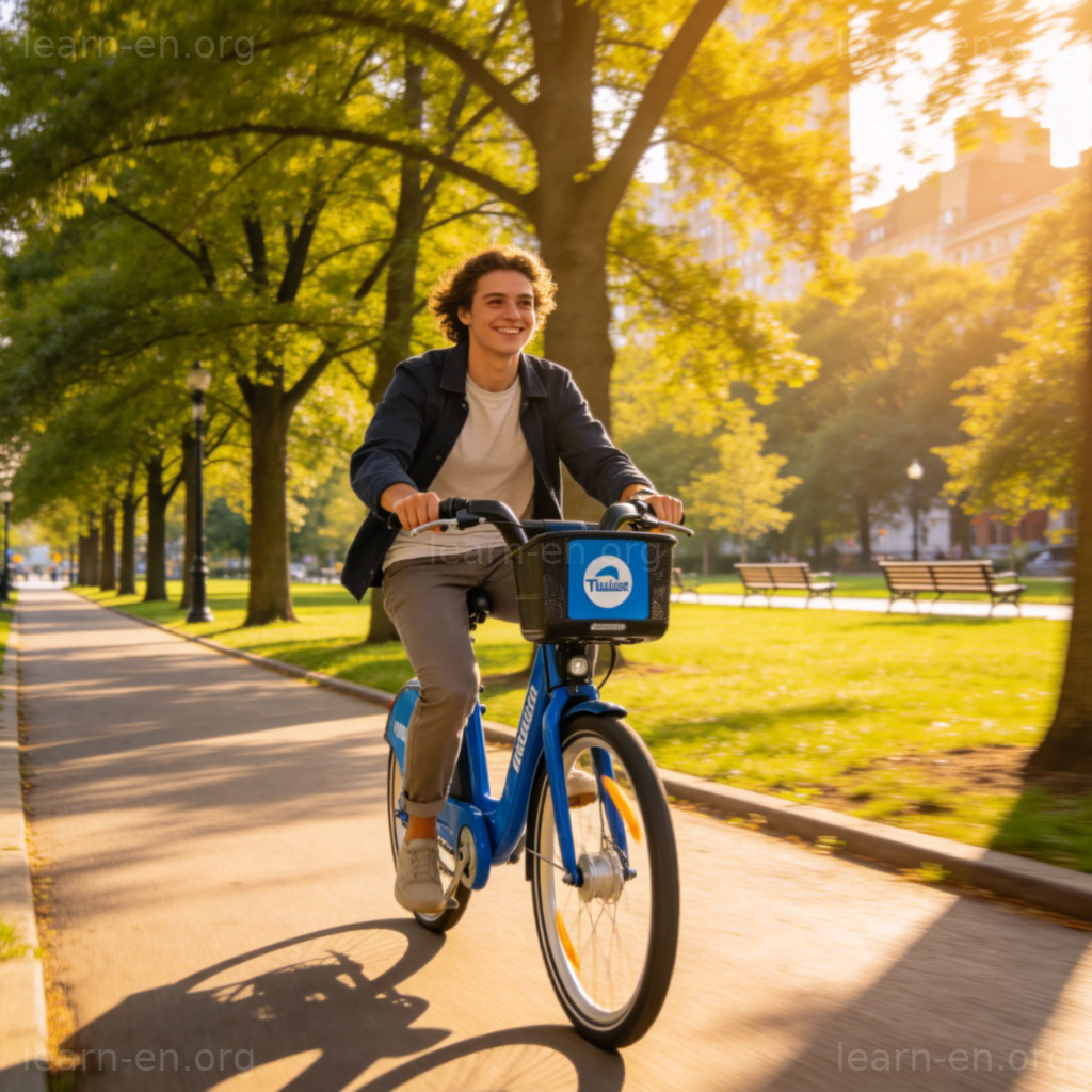 bike rental 图解：城市公园中骑行租赁蓝色自行车的人