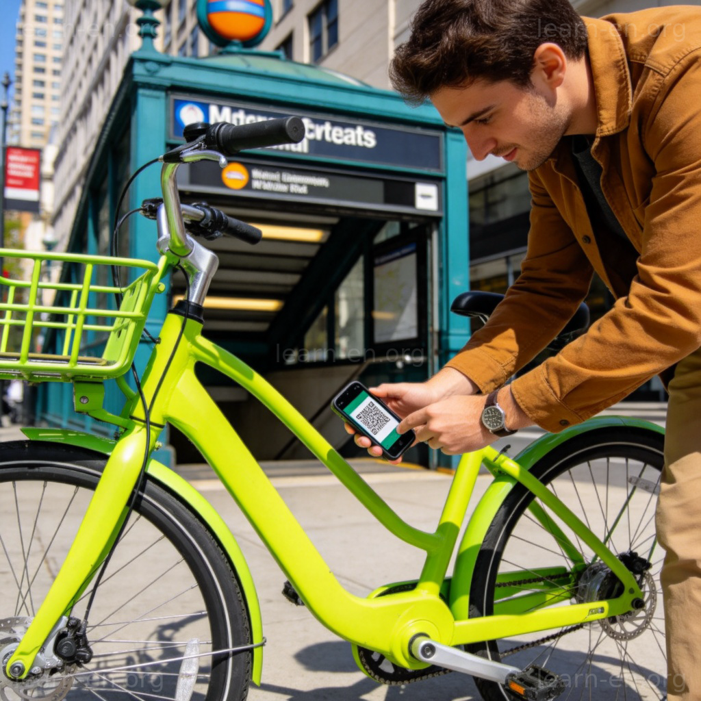 Bike sharing user scanning QR code at station