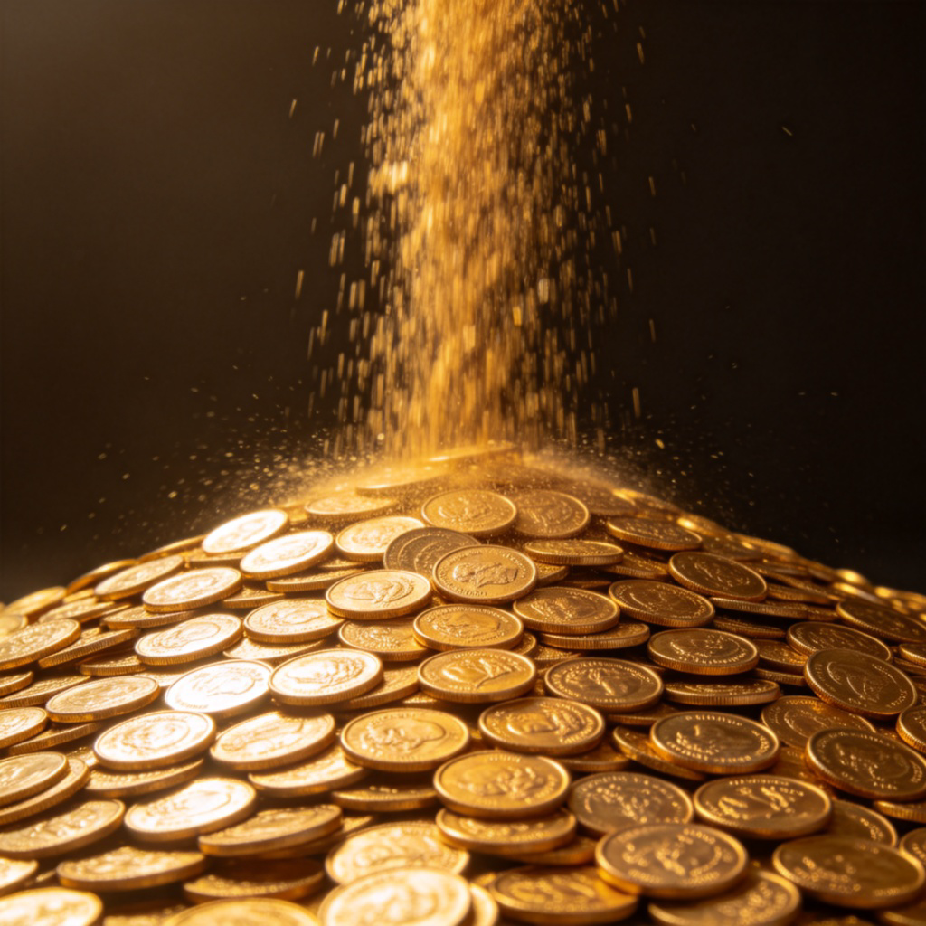A vast, shimmering pile of gold coins cascading down like a waterfall from an unseen source, filling the bottom of the frame. The coins are detailed and reflect light, suggesting immense wealth and quantity. Plain, dark background to make the gold stand out. Photorealistic style, no text or numbers visible.