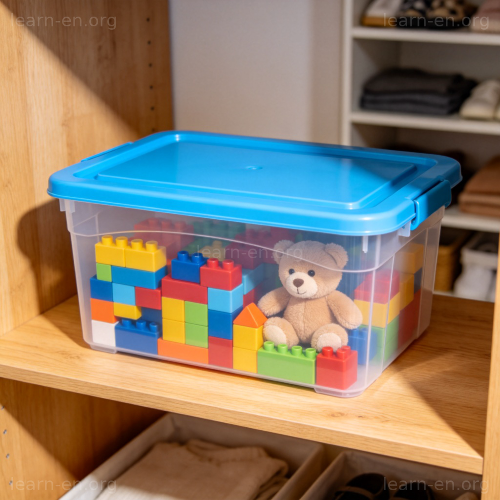 bin 含义图解：透明塑料收纳箱内整齐摆放玩具