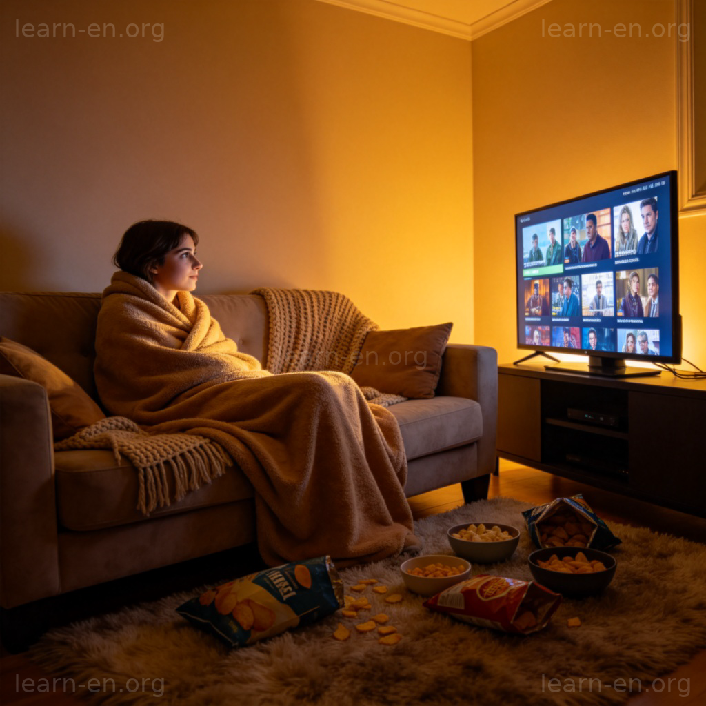 binge-watch 刷剧场景图解：夜晚客厅沙发上裹着毯子的人紧盯播放剧集的电视屏幕